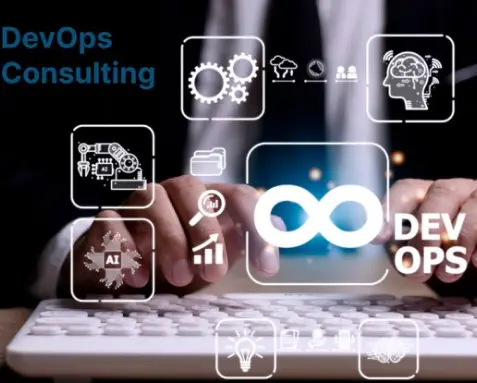 Hands typing on a keyboard with digital icons representing DevOps, automation, and AI, emphasizing Samyak Infotech's expertise in delivering agile DevOps consulting services for streamlined project management and reliable results.