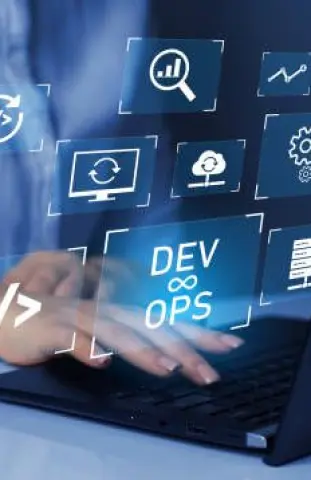 A hand interacting with a digital interface displaying DevOps icons, representing automation in application development, including CI/CD pipelines, infrastructure as code, and automated testing and monitoring, provided through DevOps consulting services.