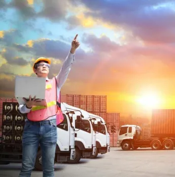 Logistics worker with a laptop pointing towards the sky, standing in front of trucks and shipping containers at sunrise, representing software solutions for optimizing freight and cargo operations, including shipment tracking and fleet management.