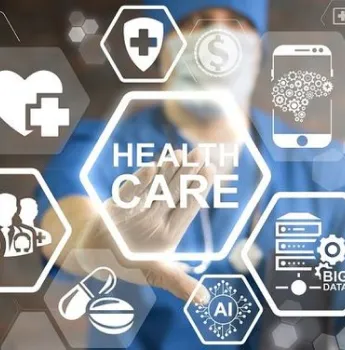 A healthcare professional in surgical attire interacts with a futuristic digital interface displaying medical data and heart health metrics, symbolizing the integration of DevOps consulting services to improve healthcare system efficiency.