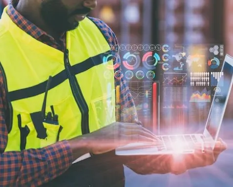 Logistics network with trucks, shipping containers, and an airplane connected by digital icons, symbolizing offshore software development services that enhance supply chain efficiency and operational management in the logistics sector.