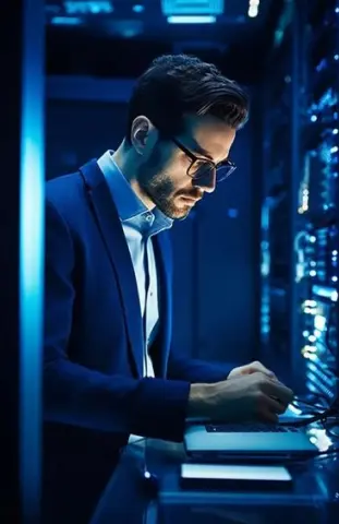 IT professional working on a laptop in a server room, representing DevOps consulting services focused on infrastructure monitoring and backup to minimize downtime.