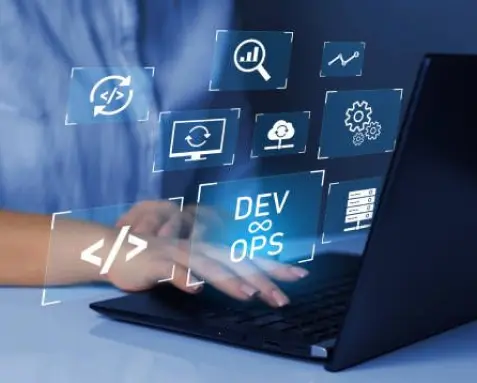 Hands typing on a laptop with floating icons representing DevOps services, highlighting cloud-based DevOps consulting services for service management, data synchronization, and microservices automation.