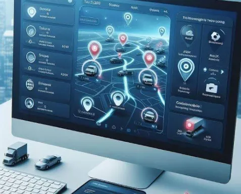 Computer screen displaying transportation management software with real-time route optimization and shipment tracking, highlighting automated logistics solutions for efficient transportation planning.