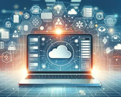 Laptop displaying a cloud icon surrounded by digital symbols, representing the use of cloud platforms like AWS, Azure, and container tools like Kubernetes and Docker in DevOps consulting services for scalable and secure operations.