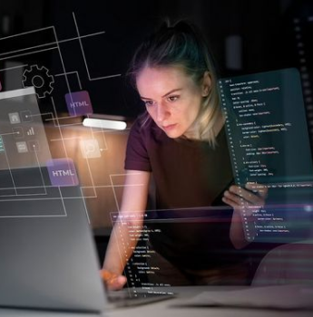 Female developer coding on a laptop with digital overlays of HTML and coding elements, representing the process of ensuring high-performance native apps through Flutter development.