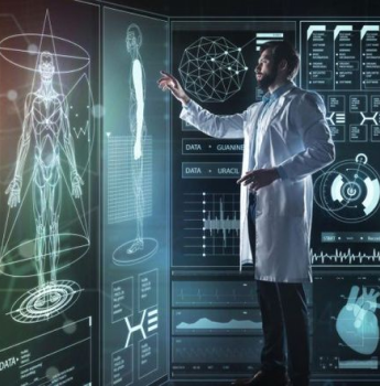 Doctor interacting with a holographic interface displaying medical data, patient records, and human anatomy, representing advanced IT outsourcing solutions in healthcare for improved patient care and operational efficiency.