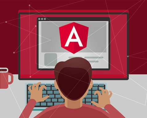 Illustration of a person typing on a computer with the AngularJS logo on the screen, representing Samyak Infotech's angularjs web development company.