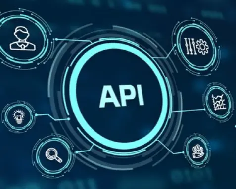 Holographic interface with a central API symbol and connected icons representing various stages of the API life cycle, illustrating MuleSoft certified developers managing API design, deployment, and monitoring for optimal performance and security.