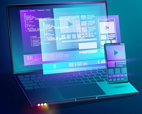 A laptop and smartphone displaying software development interfaces, symbolizing the creation of versatile cross-platform applications. The image highlights the capability of an IT software outsourcing company to develop cost-effective apps that work seamlessly across multiple devices and operating systems, providing consistent user experiences and maximizing reach.