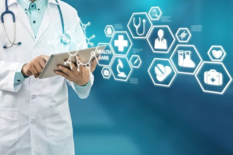 Doctor using a tablet with healthcare icons and symbols projected in the air, representing the implementation of customized Electronic Health Record (EHR) solutions for improved patient care and regulatory compliance.