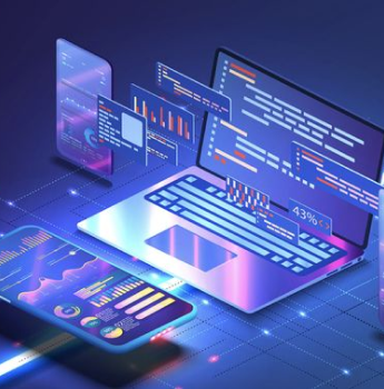 A graphic representation of customized mobile app development, showcasing various devices like a laptop, tablet, and smartphone, with coding and analytical interfaces on the screens.