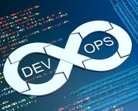 DevOps infinity loop symbolizing continuous integration, delivery, and automated testing with code in the background, representing Samyak Infotech's DevOps managed services that streamline development and operations for faster time-to-market, reduced cycle times, and higher-quality output through collaboration and innovation.