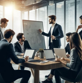 A team of professionals in a modern office environment, gathered around a table with laptops, while one member presents a plan on a whiteboard.