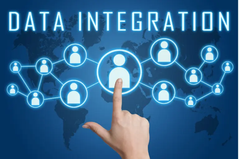 Finger pointing at interconnected user icons with "Data Integration" text, representing MuleSoft developers integrating departmental and external agency data for a government agency to improve access, accuracy, and reporting capabilities.