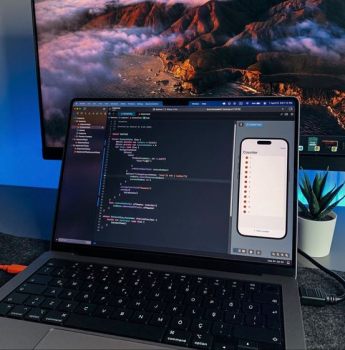 Laptop displaying Flutter code and a mobile app preview, with a background monitor showing a scenic landscape, and a small plant on the desk.