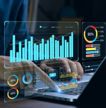 Hands typing on a laptop with holographic charts and graphs, representing how IT outsourcing enhances e-commerce sites, manages supply chains, and improves customer experience for retailers, optimizing their operations and competitiveness.