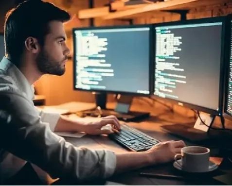 Developer working on multiple monitors with code displayed, representing MuleSoft certified developers' expertise in Java and scripting languages like JavaScript, Groovy, and SQL for integration tasks.