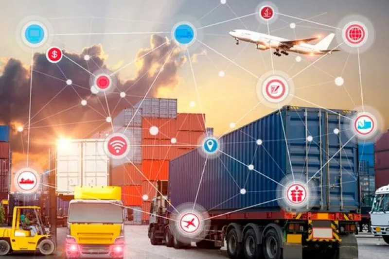 Connected logistics network with trucks, containers, and an airplane, representing the implementation of an AI-driven offshore software solution for a logistics company, improving route optimization, fleet management, and reducing fuel costs.