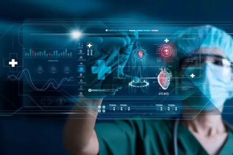 Medical professional interacting with a digital interface displaying healthcare data, representing the implementation of a centralized Electronic Health Record system by an offshore software development company, improving data security and patient care efficiency for a healthcare provider.