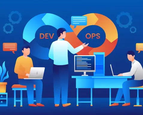 Illustration of a DevOps team working on cloud solutions, symbolizing comprehensive cloud DevOps consulting services using platforms like AWS, Azure, and Google Cloud for scalable and secure operations.