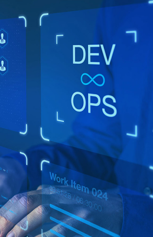 Hands interacting with a digital interface displaying "DevOps" and related icons, representing dedicated DevOps managed services including automation, app deployment, cloud infrastructure management, and disaster recovery optimization.