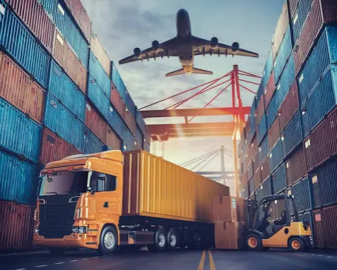 A logistics scene featuring a cargo truck, shipping containers, a forklift, and an airplane, representing custom AI solutions for optimizing transportation, inventory management, and route planning in the logistics industry.