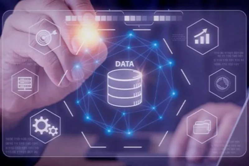 A person interacting with a digital interface featuring a data icon and analytics symbols, representing the development of software with data mining capabilities for identifying trends and forecasting business results.