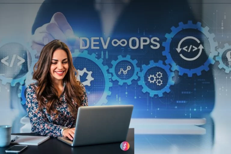 Smiling professional working on a laptop with DevOps gears in the background, representing successful transformation of DevOps practices through expert consulting and training.