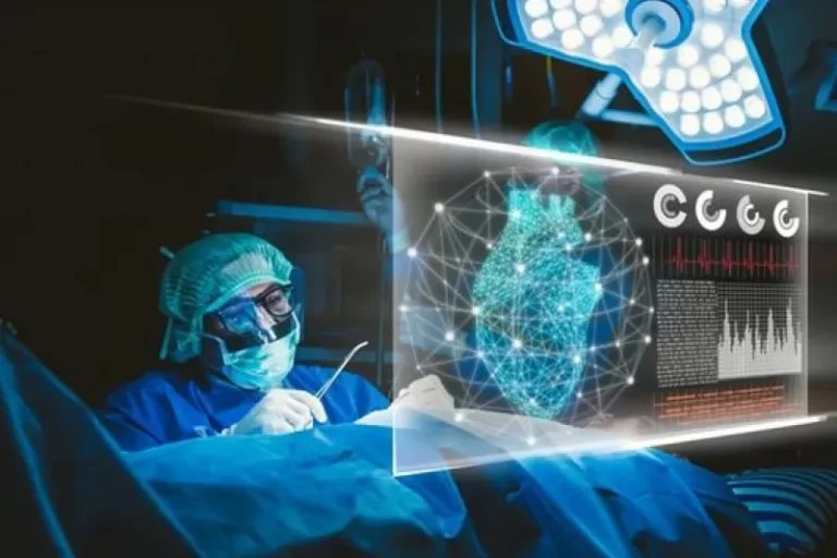 A surgeon operates with the aid of a digital hologram displaying a heart and medical data, representing the use of machine learning development services to improve early disease detection, personalized treatment plans, and overall patient care in healthcare.