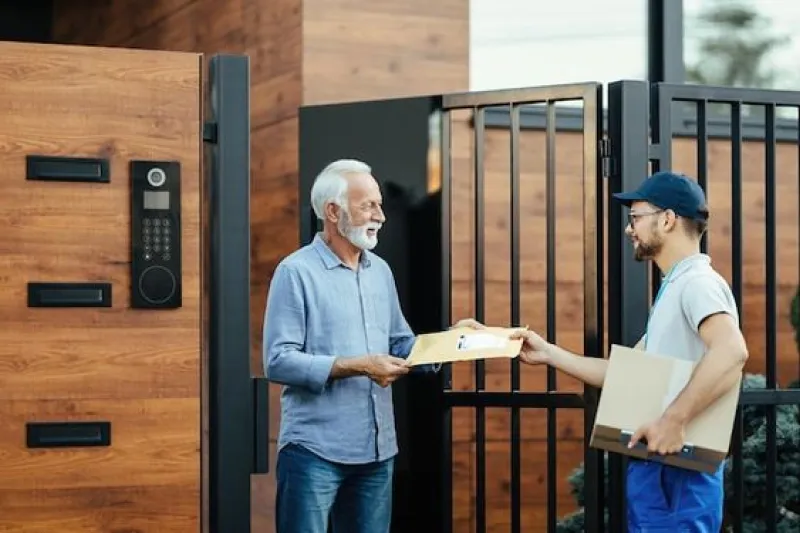 Delivery person handing a package to an elderly man at his front gate, symbolizing the use of transportation management software for real-time tracking and route optimization in postal and courier services to improve delivery efficiency.