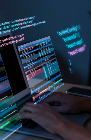 Developer working on code displayed across multiple monitors, representing the use of continuous integration and continuous delivery practices in DevOps consulting services to enhance software quality and system performance.