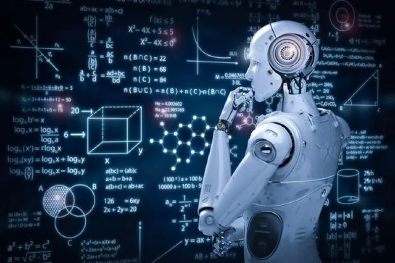 A robot analyzing complex mathematical formulas on a digital screen, representing MLOps solutions and machine learning model deployment, continuous integration, and real-time monitoring for efficient AI operations.