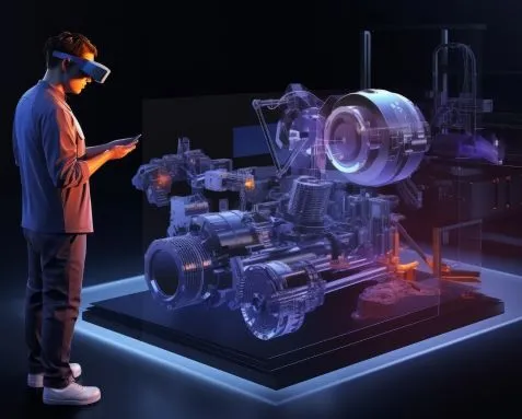 A professional wearing augmented reality glasses interacts with a holographic display of industrial machinery, representing machine learning development services in manufacturing for process optimization, quality control, and predictive maintenance.