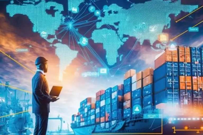 A logistics professional with a laptop stands in front of a cargo ship and shipping containers, overlaid with a digital world map and data connections, symbolizing custom AI solutions for improving efficiency and reducing operational costs in the logistics industry.