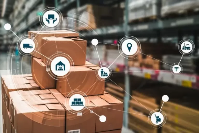 Stacked cardboard boxes in a warehouse with digital icons representing different aspects of supply chain management, illustrating the use of Power Automate consulting services to enhance shipment tracking, reduce manual workload, and improve customer satisfaction in logistics.