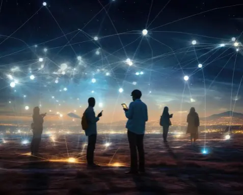 Silhouettes of people using mobile devices under a network of digital connections in a telecommunications setting, representing the use of Power Automate services to automate customer service ticketing and improve response times.