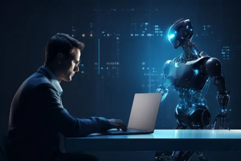 A business professional working on a laptop alongside a futuristic robot, symbolizing collaboration in predictive analytics and machine learning development to forecast trends and enhance decision-making processes.