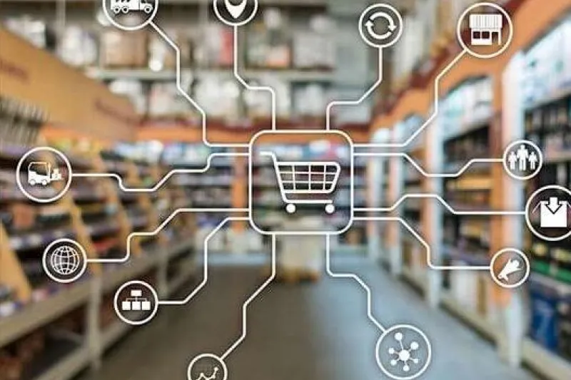 Digital interface with icons representing retail elements like shopping carts, customer profiles, and video surveillance, symbolizing machine learning consulting services for demand forecasting, customer behavior analysis, and inventory management in the retail sector.