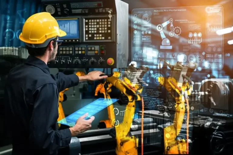 A manufacturing engineer operates a control panel with robotic arms in the background, overlaid with digital interfaces and data analytics, representing custom AI solutions for improving production efficiency and product quality in the manufacturing industry.