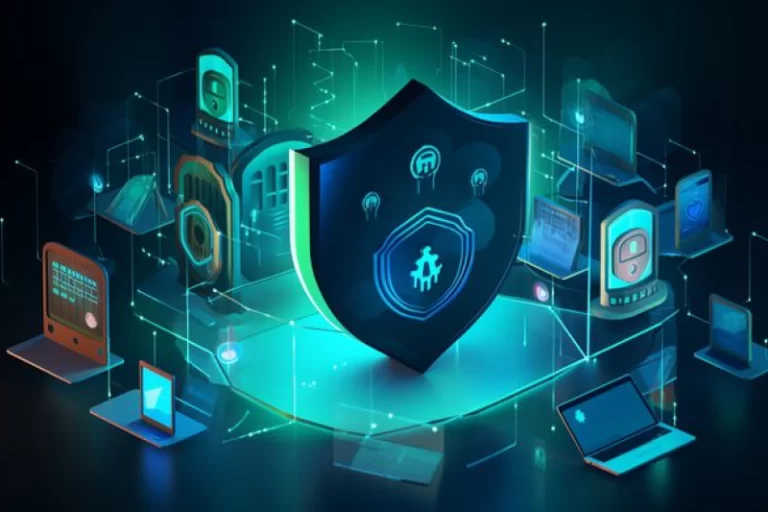 A digital shield surrounded by various devices, representing the implementation of DevSecOps strategies in DevOps consulting services to enhance security, ensure compliance, and automate audits for healthcare applications.