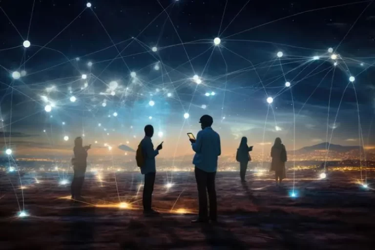 Silhouettes of people using mobile devices, connected by a digital network of nodes and lines against a twilight cityscape, representing the improvement in release cycles and operational efficiency in the telecommunications industry through DevOps consulting services.