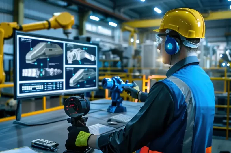 An engineer in a factory setting uses predictive analytics and machine learning algorithms on a computer to monitor equipment and predict failures, illustrating how machine learning development services improve manufacturing efficiency and reduce downtime.